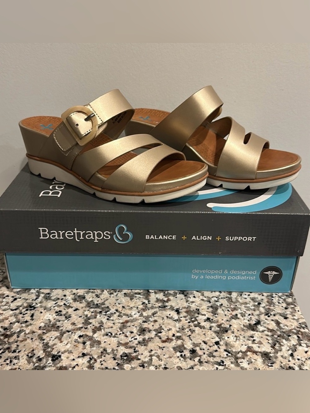 BareTraps Posture+ Metallic Gold Triple-Strap Wedge Sandals